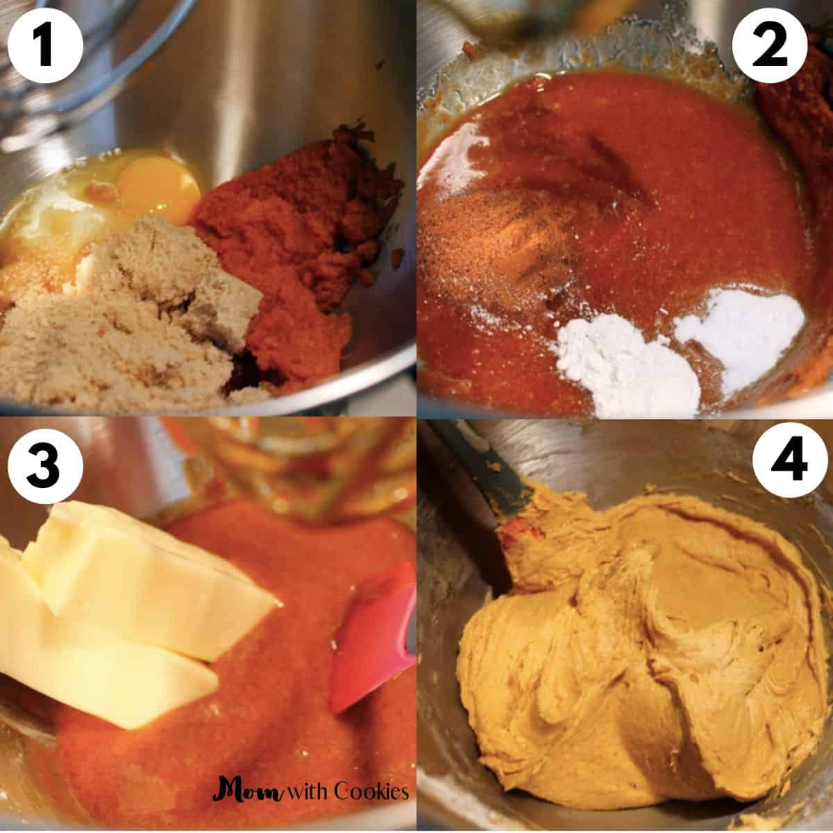 collage of four images showing how to make pumpkin cookie dough