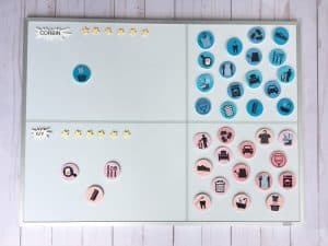 a magnetic chore chart with shrinky dinks