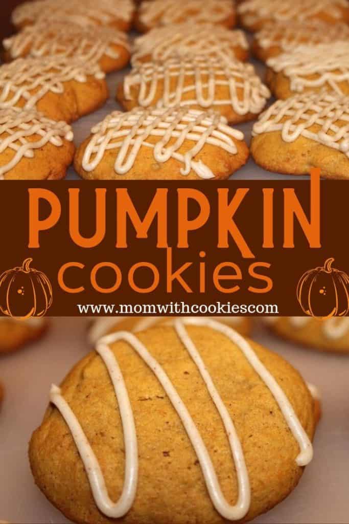 collage of pumpking cookies with drizzled brown butter icing