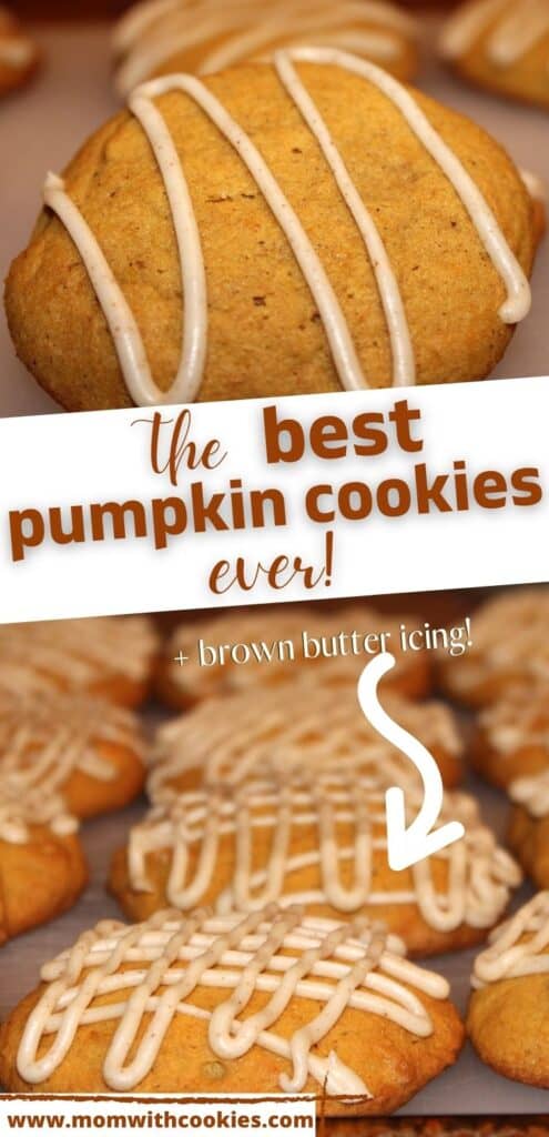 pumpkin cookies on a plate with text overlay that reads the bet pumpkin cookies ever plus brown butter icing