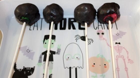 four finished cake pops for Halloween