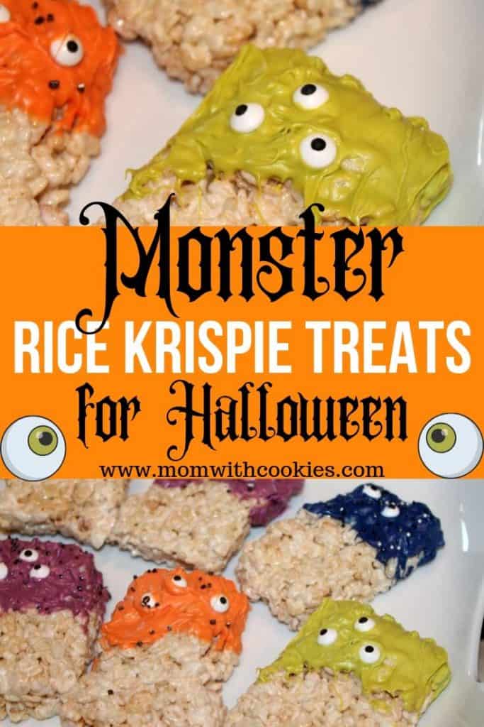 collage of colorful monster rice krispie treats for Halloween