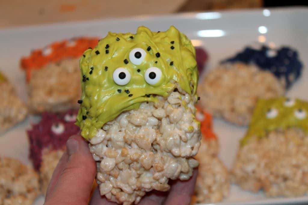 close up of a finished monster rice krispie treat with eyes and sprinkles
