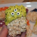 close up of a finished monster rice krispie treat with eyes and sprinkles