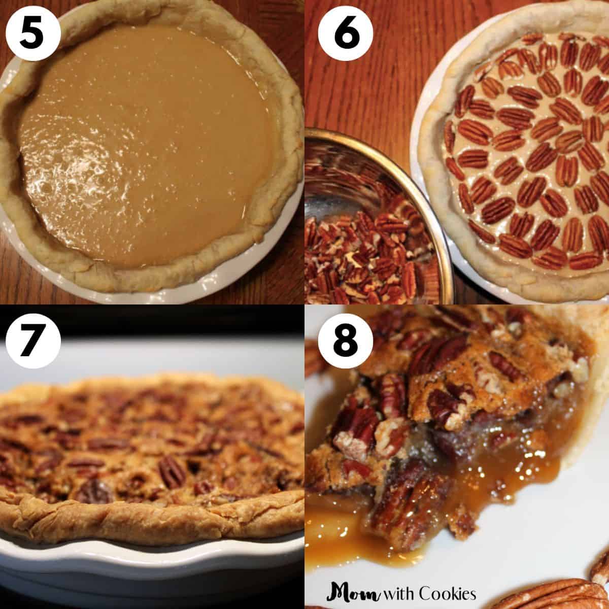 process shots of assembling pecan pie and baking it