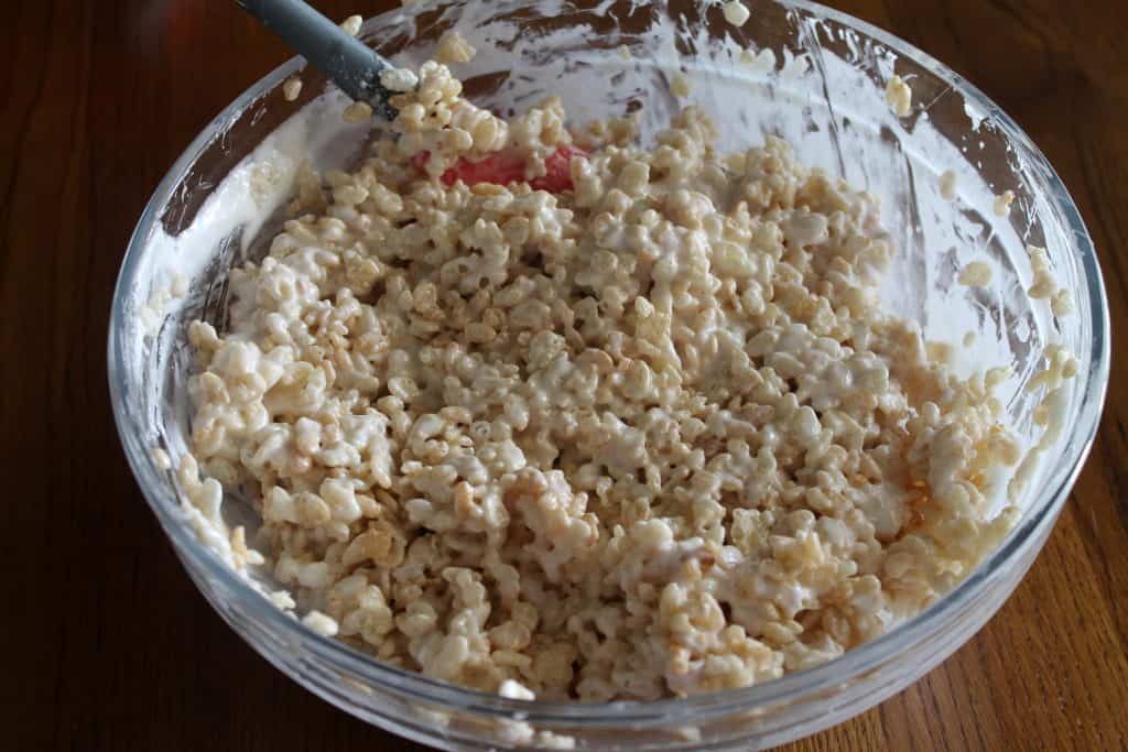 rice cereal mixed with the marshmallows and butter