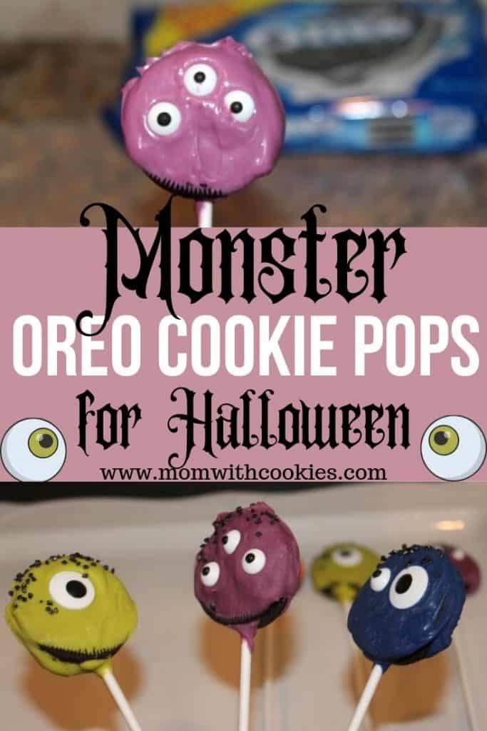 collage of monster oreo cookie pops for halloween