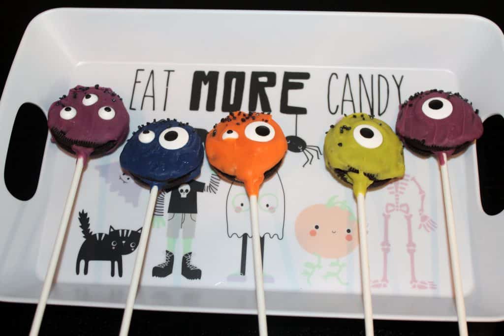 fun monster oreo cookie pops on a Halloween platter