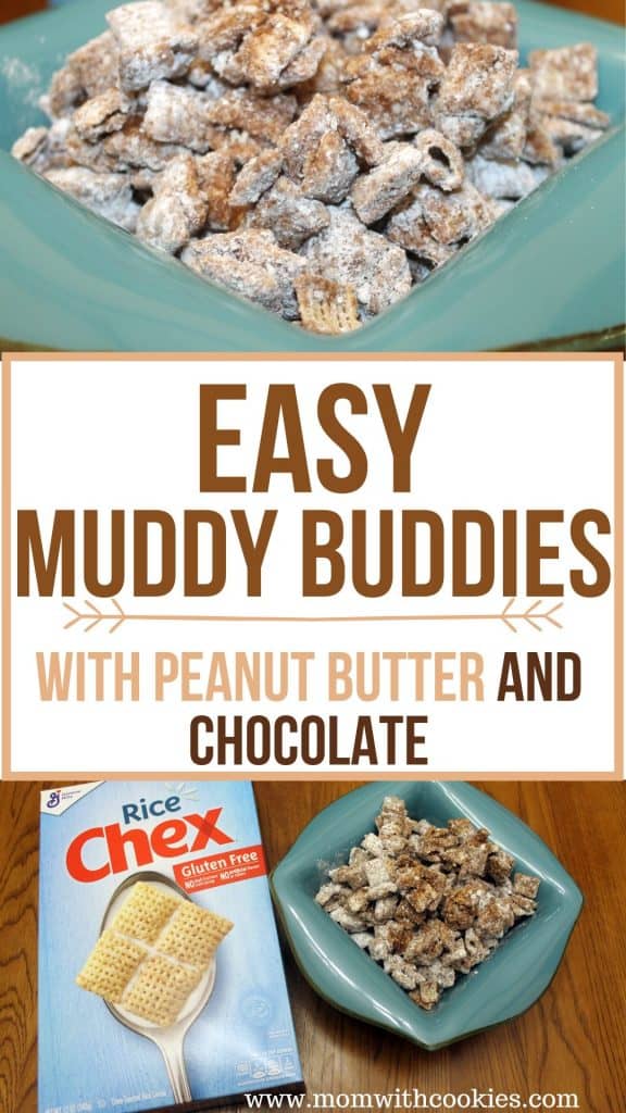 easy muddy buddies in a bowl next to a box of chex cereal