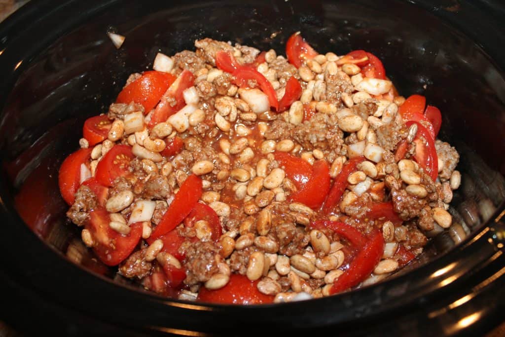 crock pot with chili ingredients inside