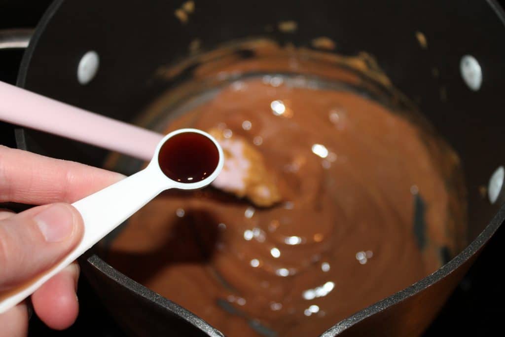 add vanilla extract to the melted peanut butter and chocolate