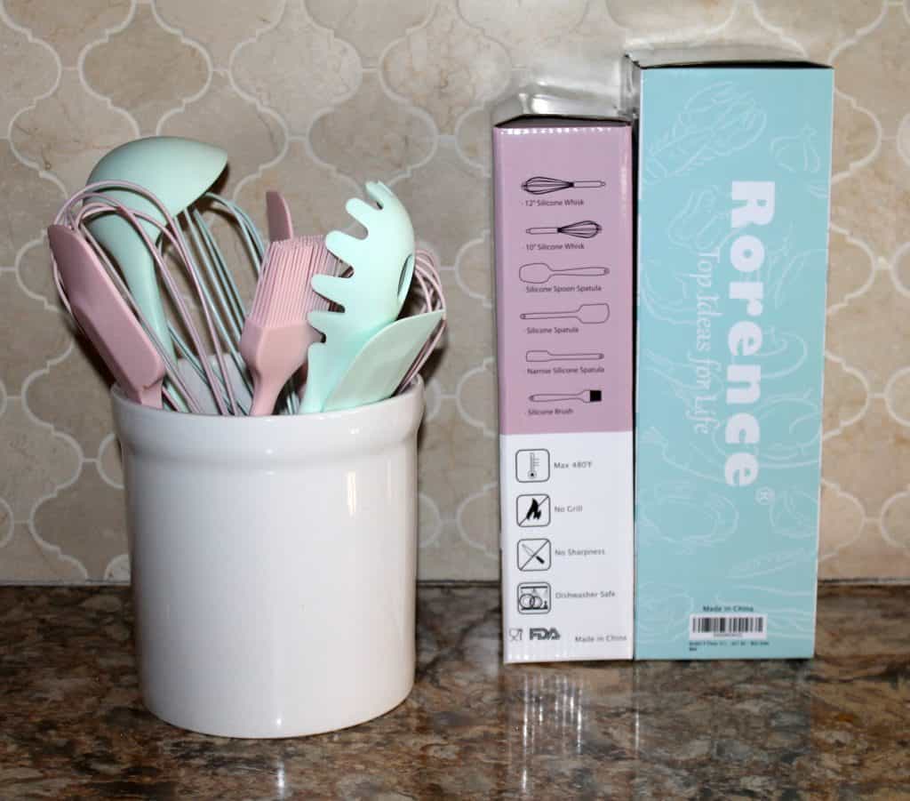 mint green and pink Rorence kitchen utensils