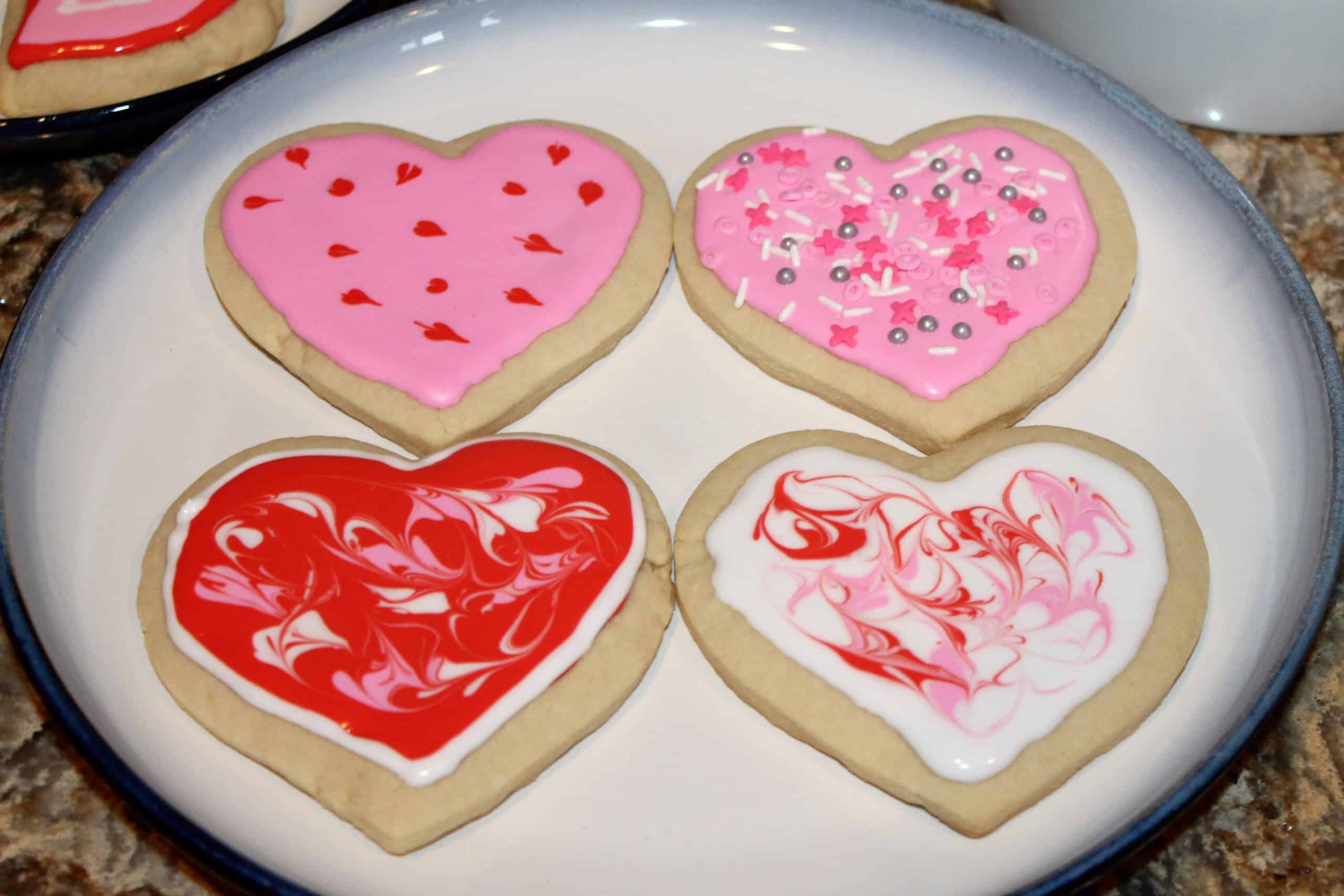 decorated heart shaped sugar cookies for Valentines day