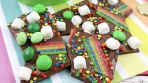 St. Patrick's day chocolate bark with green and rainbow candy