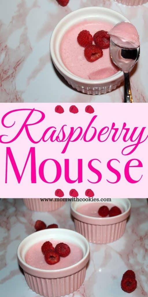 collage of raspberry mousse in pink ramekins