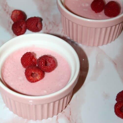 raspberry mousse in pink ramekins