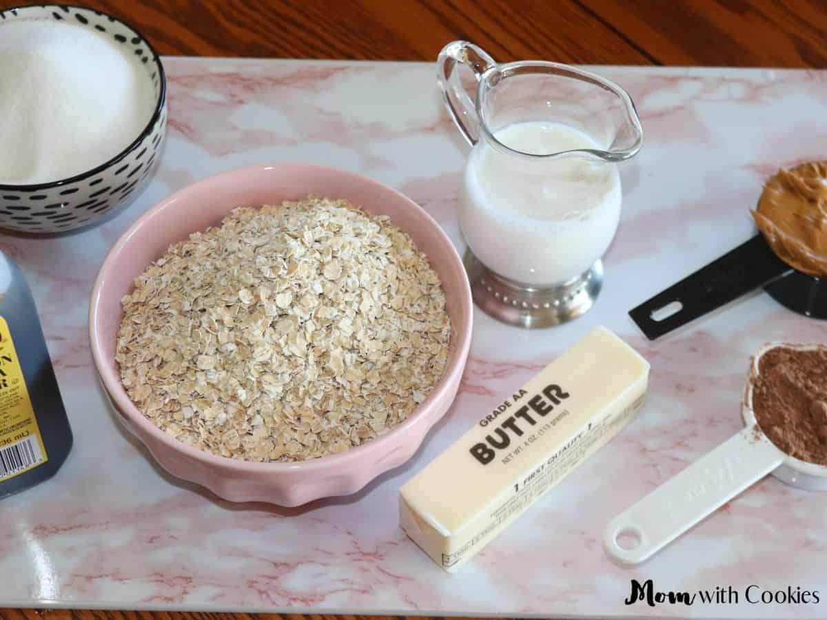 cocoa powder oatmeal peanut butter sugar milk butter and vanilla extract