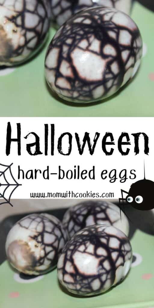 collage of hard boiled eggs with black marble look to them