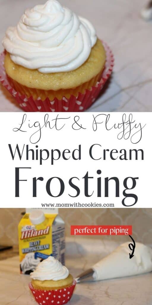 an image designed to be shared to Pinterest showing a collage of cupcakes topped with whipped cream frosting