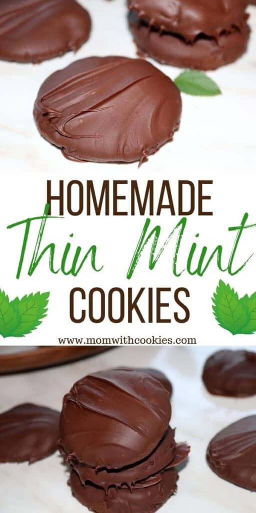 an image designed to be shared on pinterest showing homemade thin mint cookies
