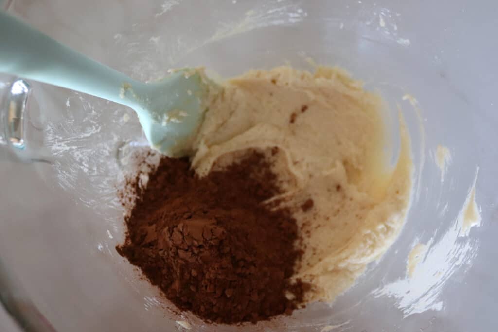 adding cocoa powder to the mixing bowl