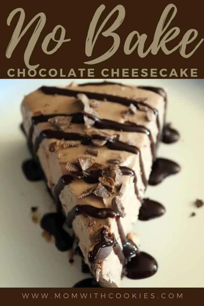 a slice of no bake chocolate cheesecake with chocolate sauce drizzled on top