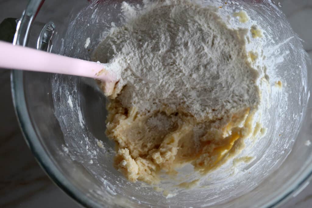 Flour added to the mixing bowl