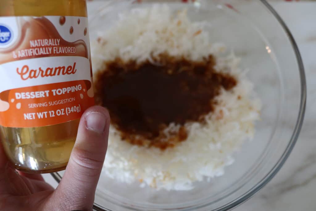 bowl with coconut and caramel added to it and a close up of the jar of caramel I used