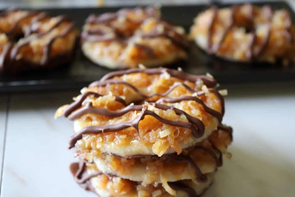 close up image of finished samoas cookies