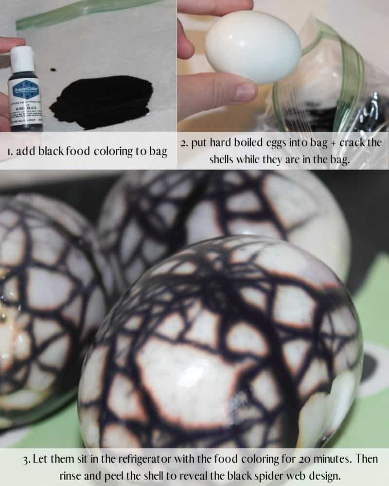 collage of the steps to make the black spider web look on the hard boiled eggs