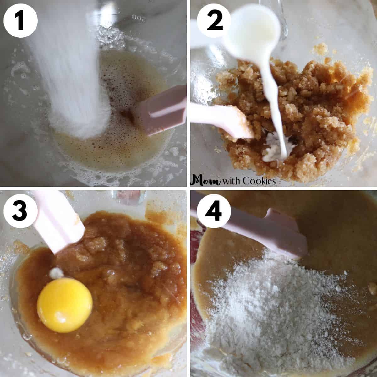 collage of four images on how to make chocolate chip skillet cookie