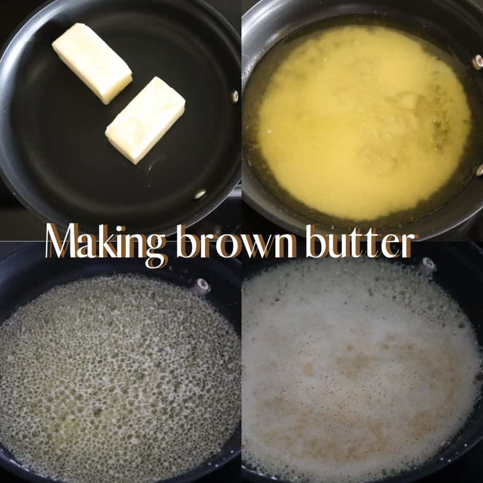 collage of butter being browned in a frying pan