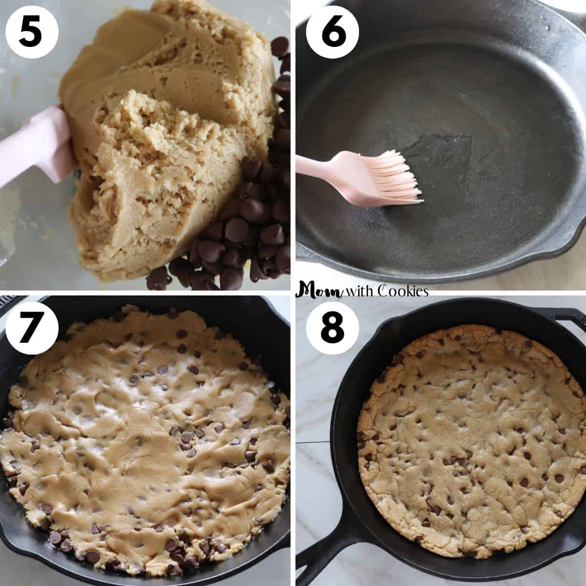 four more pictures of putting cookie dough into cast iron skillet