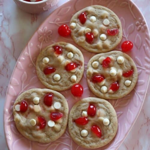 stylized photo of the baked cherry white chocolate chip cookies