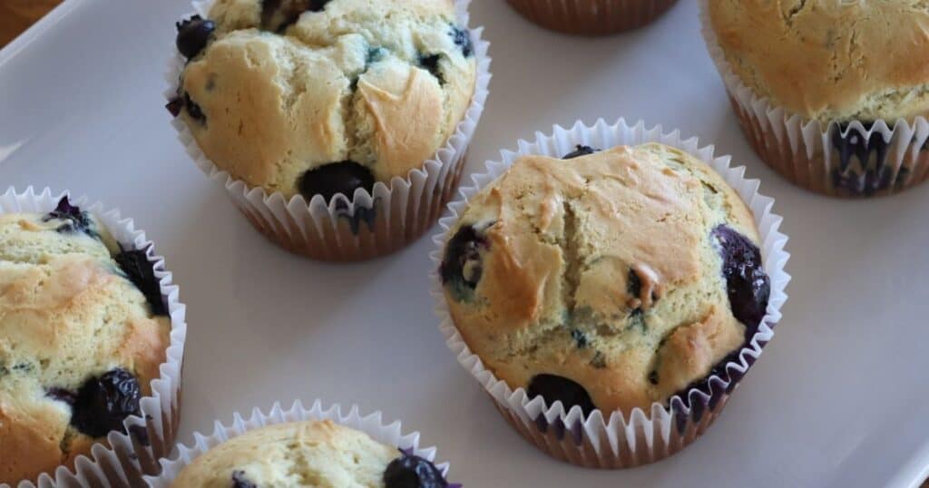 blueberry muffins on a white tray