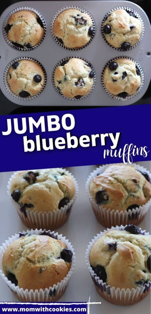 collage of homemade blueberry muffins with text overlay that reads jumbo blueberry muffins