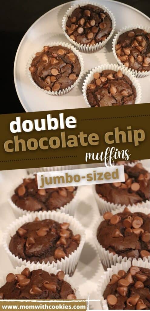 double chocolate muffins with text overlay that reads double chocolate chip muffins jumbo sized