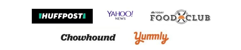 logos of places mom with cookies has been featured in including huff post, yahoo news, today food club, chowhound, and yummly