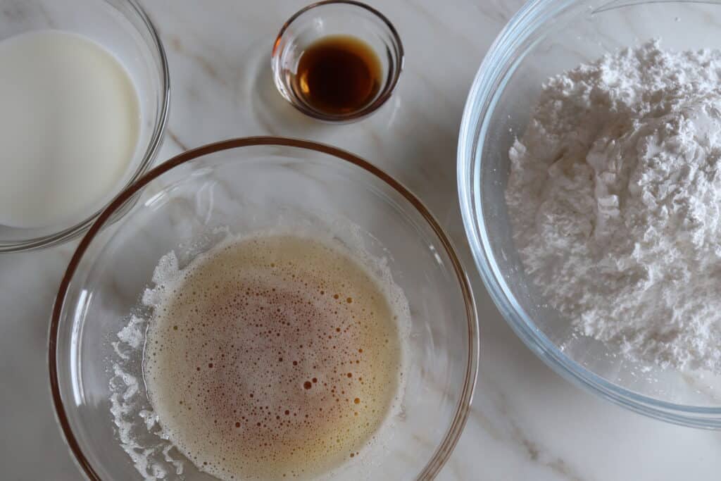 brown butter, vanilla, milk, and powdered sugar all in separate bowls