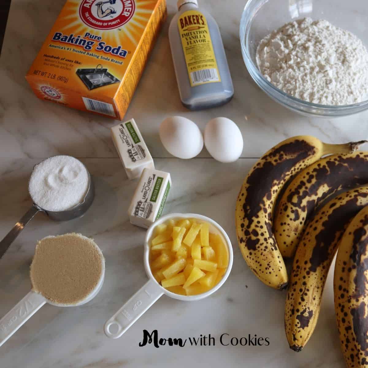 all the ingredients needed to make pineapple banana muffins