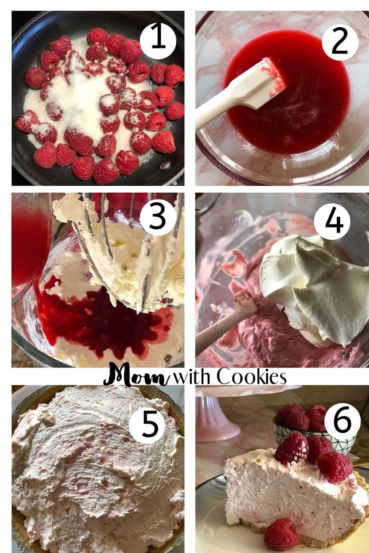 six process shots showing how to make no bake raspberry cream pie